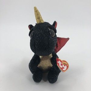 Ty Beanie Boos Grindal Dragon Unicorn Plush Black Gold Red Wings 2021 6" TAG